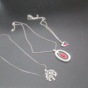 3 Silver-Toned Necklaces with Red Accents